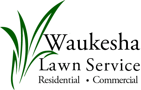 Text reads: Waukesha Lawn Service and underneath Residential, Commercial with a picture of grass