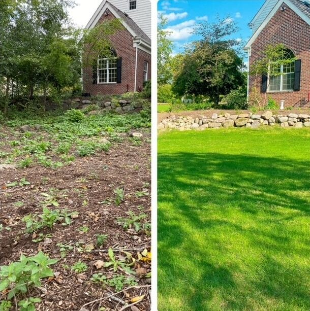 before and after of yard cleanup and retaining wall installation
