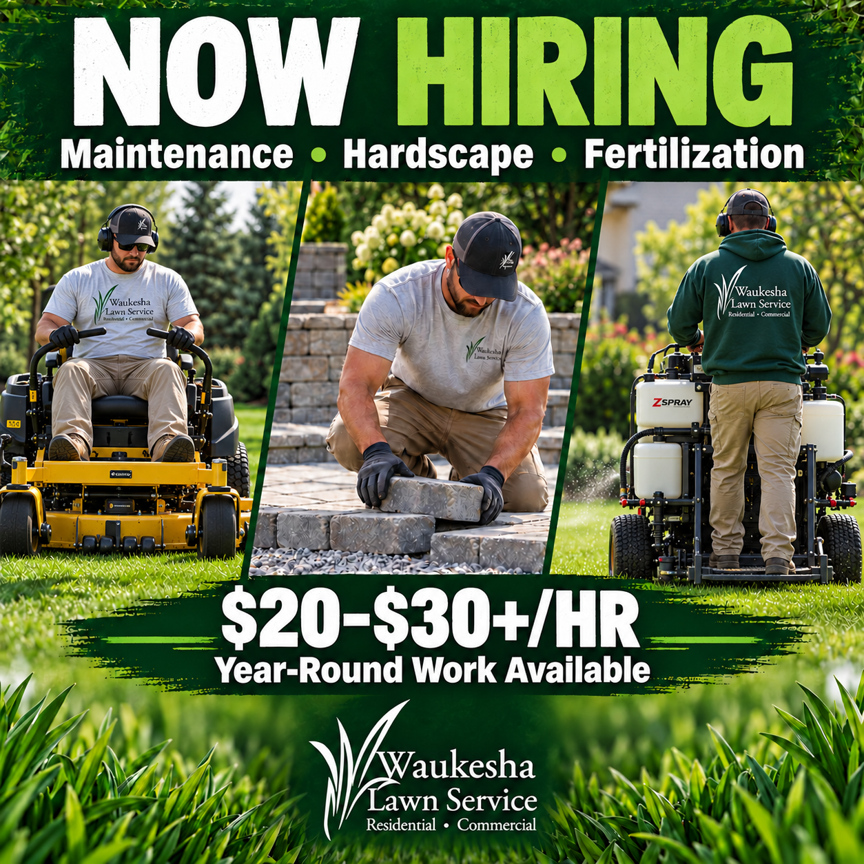 Waukesha Lawn Service is hiring for maintenance, hardscape, and fertilization positions at $20–$30 per hour. Snow work available.